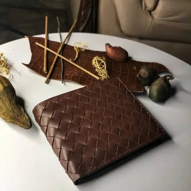 The Elite Throb Men's Woven Leather Wallet – Premium Genuine Leather, 8 Card Slots, 2 Side Pockets, 1 Cash Compartment, Stylish Handmade Design - wonecraft.com