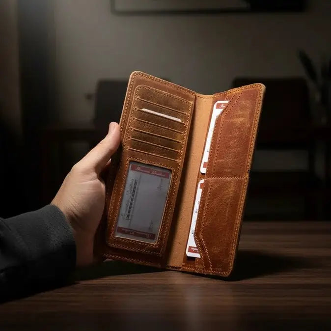 Genuine Full-Grain Leather Long Wallet for Men (Not PU) – Vintage Brown Trifold Organizer with Coin, Phone & Multi-Card Storage