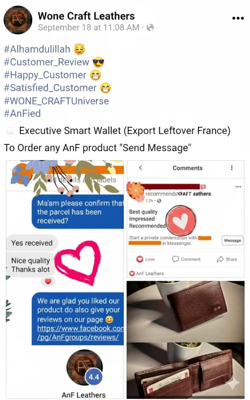 Social media post from Wone Craft Leathers with customer interactions and product images.
