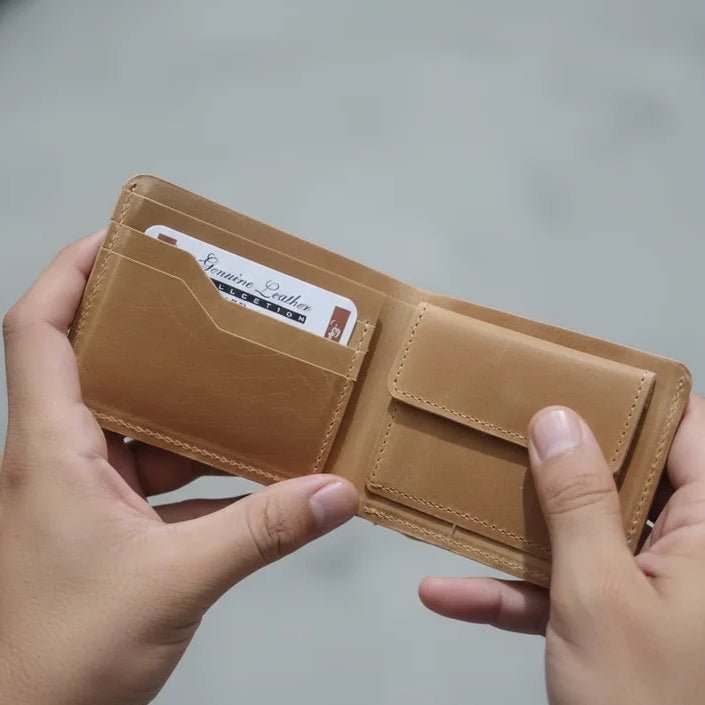 Executive Elite Genuine Leather Men's Bi - Fold Wallet with Coin Pouch - Premium Slim Bifold Design with Card Slots & ID Window | Available in Dark Brown & Tan - wonecraft.com