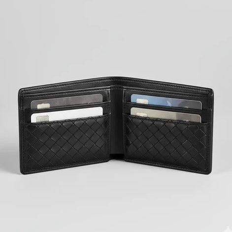 The Elite Throb Men's Woven Leather Wallet – Luxury Woven Leather Wallet for Men - Sleek Bi - Fold Design, Premium Intrecciato Weave Texture, Slim & Durable | Available in Black & Rich Brown - wonecraft.com