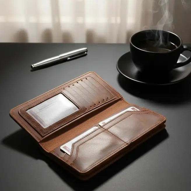 Genuine Full-Grain Leather Long Wallet for Men (Not PU) – Vintage Brown Trifold Organizer with Coin, Phone & Multi-Card Storage