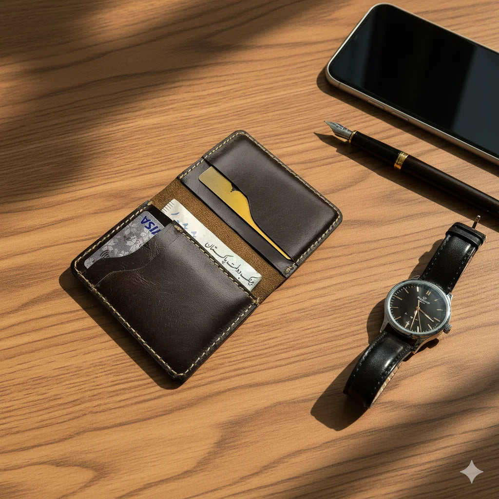Brown leather wallet with cards, smartphone, pen, and watch on a wooden surface