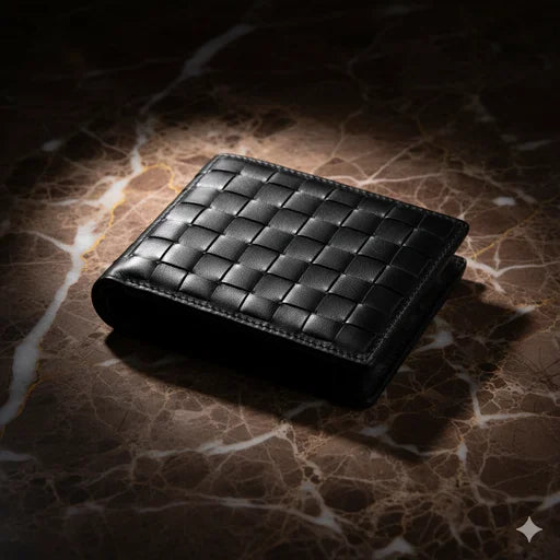 Black woven leather wallet on a marble surface