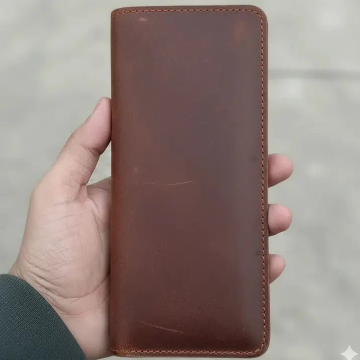 Genuine Full-Grain Leather Long Wallet for Men (Not PU) – Vintage Brown Trifold Organizer with Coin, Phone & Multi-Card Storage