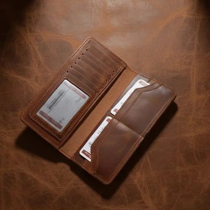 Genuine Full-Grain Leather Long Wallet for Men (Not PU) – Vintage Brown Trifold Organizer with Coin, Phone & Multi-Card Storage