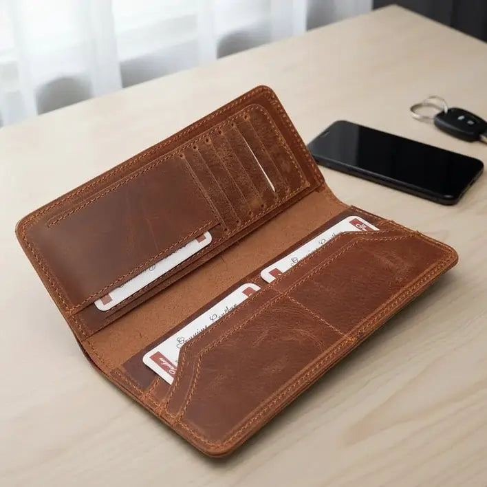 Genuine Full-Grain Leather Long Wallet for Men (Not PU) – Vintage Brown Trifold Organizer with Coin, Phone & Multi-Card Storage