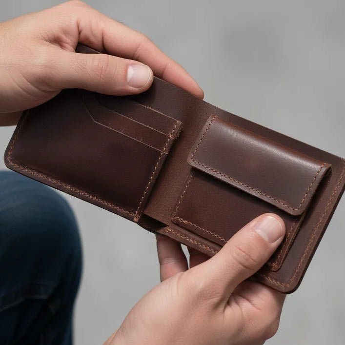 Executive Elite Genuine Leather Men's Bi - Fold Wallet with Coin Pouch - Premium Slim Bifold Design with Card Slots & ID Window | Available in Dark Brown & Tan - wonecraft.com