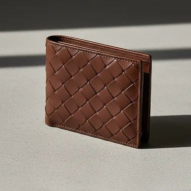 The Elite Throb Men's Woven Leather Wallet – Luxury Woven Leather Wallet for Men - Sleek Bi - Fold Design, Premium Intrecciato Weave Texture, Slim & Durable | Available in Black & Rich Brown - wonecraft.com