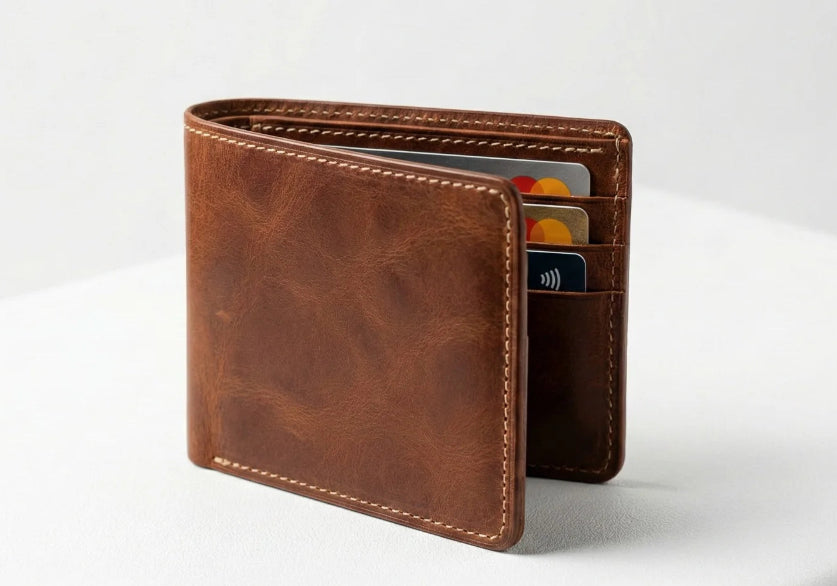 Brown leather wallet with cards on a white background