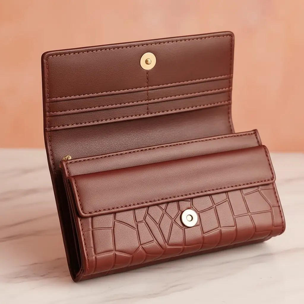 Women’s Genuine Cow Leather Wallet – Magnetic Closure, 8 Card Slots, 4 Cash Compartments, Zipper Pocket, Button Pocket, Elegant & Durable Design (Available in Camel, Purple, Mehroon, Red) - wonecraft.com