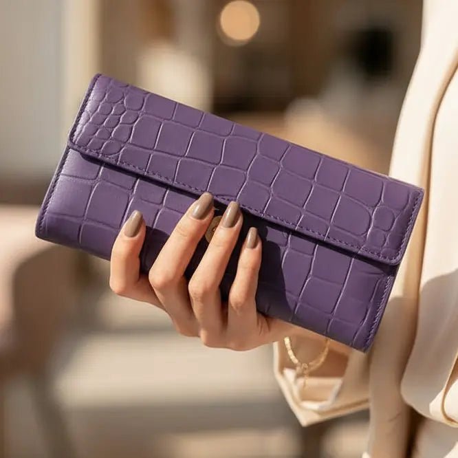 Women’s Genuine Cow Leather Wallet – Magnetic Closure, 8 Card Slots, 4 Cash Compartments, Zipper Pocket, Button Pocket, Elegant & Durable Design (Available in Camel, Purple, Mehroon, Red) - wonecraft.com